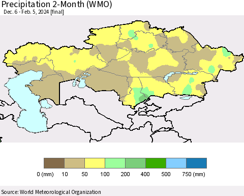 Kazakhstan Precipitation 2-Month (WMO) Thematic Map For 12/6/2023 - 2/5/2024