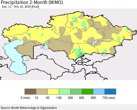 Kazakhstan Precipitation 2-Month (WMO) Thematic Map For 12/11/2023 - 2/10/2024