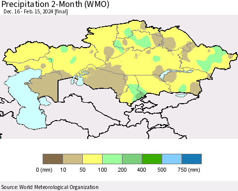 Kazakhstan Precipitation 2-Month (WMO) Thematic Map For 12/16/2023 - 2/15/2024