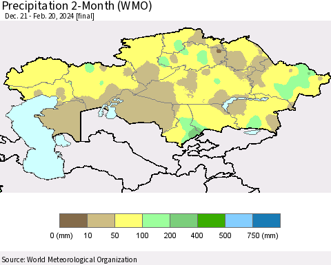 Kazakhstan Precipitation 2-Month (WMO) Thematic Map For 12/21/2023 - 2/20/2024