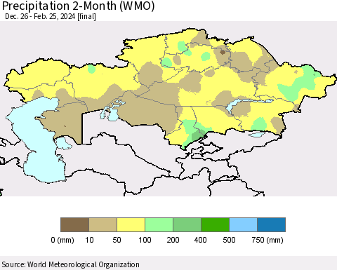 Kazakhstan Precipitation 2-Month (WMO) Thematic Map For 12/26/2023 - 2/25/2024