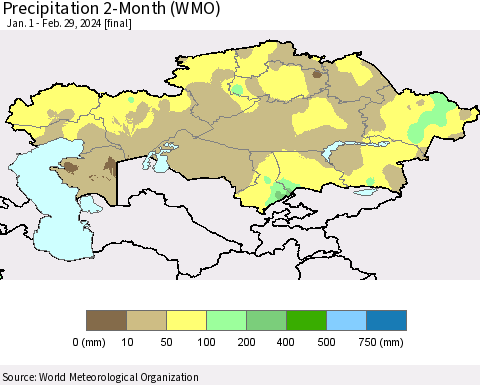 Kazakhstan Precipitation 2-Month (WMO) Thematic Map For 1/1/2024 - 2/29/2024