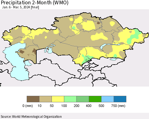 Kazakhstan Precipitation 2-Month (WMO) Thematic Map For 1/6/2024 - 3/5/2024
