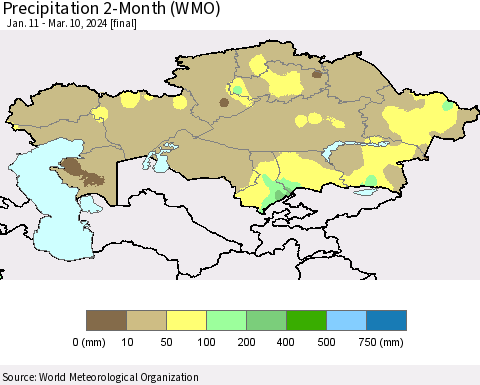 Kazakhstan Precipitation 2-Month (WMO) Thematic Map For 1/11/2024 - 3/10/2024