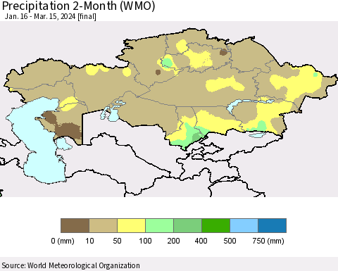 Kazakhstan Precipitation 2-Month (WMO) Thematic Map For 1/16/2024 - 3/15/2024