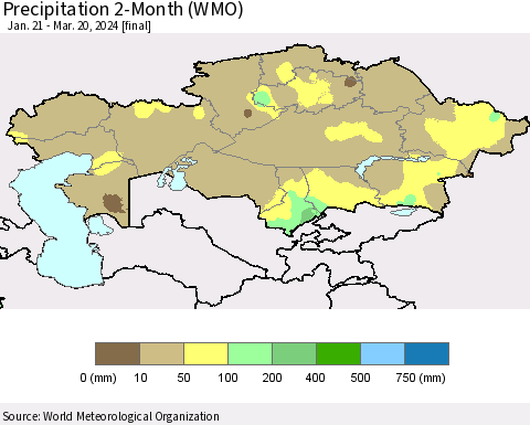 Kazakhstan Precipitation 2-Month (WMO) Thematic Map For 1/21/2024 - 3/20/2024