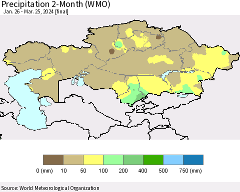 Kazakhstan Precipitation 2-Month (WMO) Thematic Map For 1/26/2024 - 3/25/2024