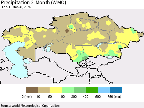 Kazakhstan Precipitation 2-Month (WMO) Thematic Map For 2/1/2024 - 3/31/2024
