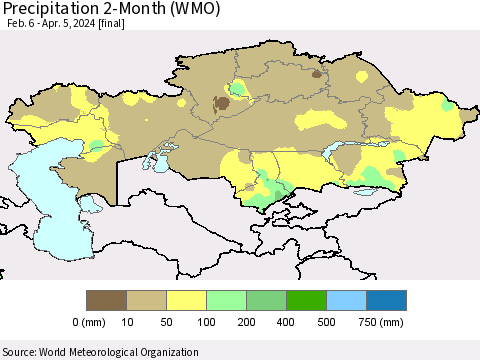 Kazakhstan Precipitation 2-Month (WMO) Thematic Map For 2/6/2024 - 4/5/2024
