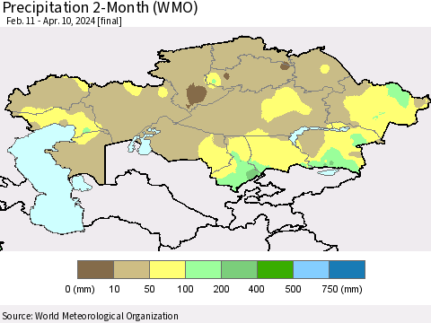 Kazakhstan Precipitation 2-Month (WMO) Thematic Map For 2/11/2024 - 4/10/2024