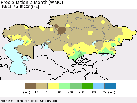 Kazakhstan Precipitation 2-Month (WMO) Thematic Map For 2/16/2024 - 4/15/2024