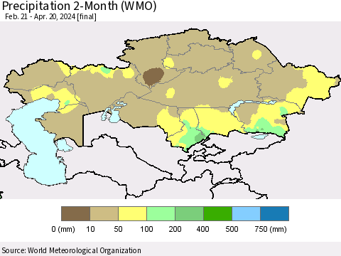 Kazakhstan Precipitation 2-Month (WMO) Thematic Map For 2/21/2024 - 4/20/2024