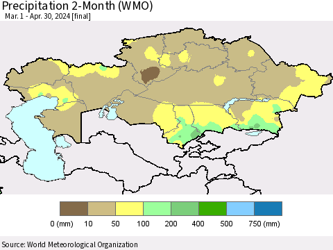 Kazakhstan Precipitation 2-Month (WMO) Thematic Map For 3/1/2024 - 4/30/2024
