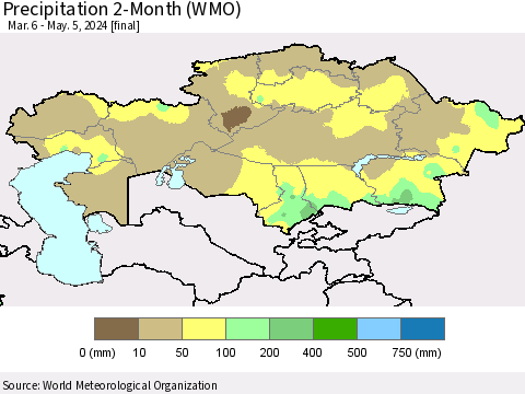 Kazakhstan Precipitation 2-Month (WMO) Thematic Map For 3/6/2024 - 5/5/2024