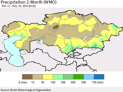 Kazakhstan Precipitation 2-Month (WMO) Thematic Map For 3/11/2024 - 5/10/2024