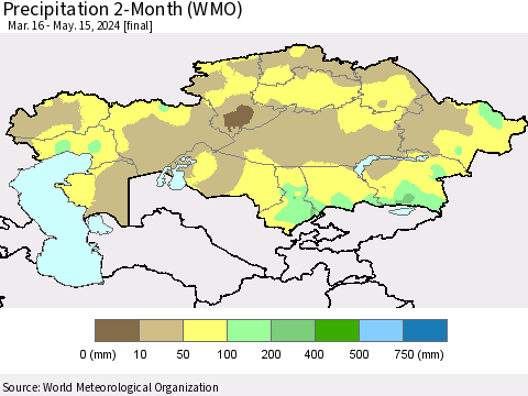 Kazakhstan Precipitation 2-Month (WMO) Thematic Map For 3/16/2024 - 5/15/2024