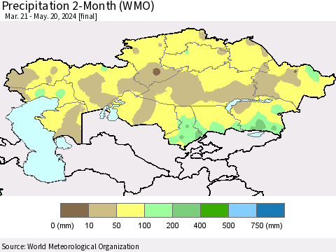 Kazakhstan Precipitation 2-Month (WMO) Thematic Map For 3/21/2024 - 5/20/2024