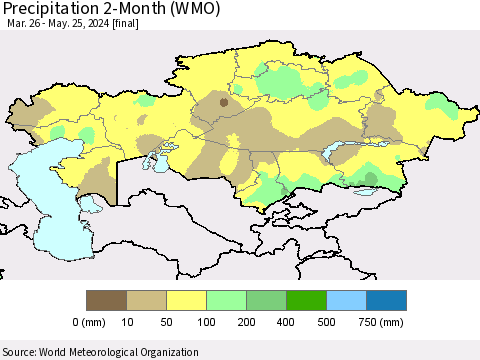 Kazakhstan Precipitation 2-Month (WMO) Thematic Map For 3/26/2024 - 5/25/2024