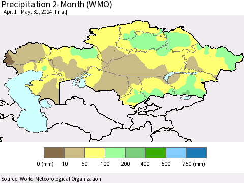 Kazakhstan Precipitation 2-Month (WMO) Thematic Map For 4/1/2024 - 5/31/2024