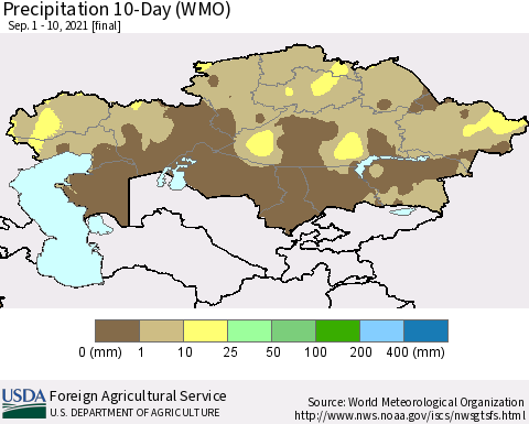 Kazakhstan Precipitation 10-Day (WMO) Thematic Map For 9/1/2021 - 9/10/2021
