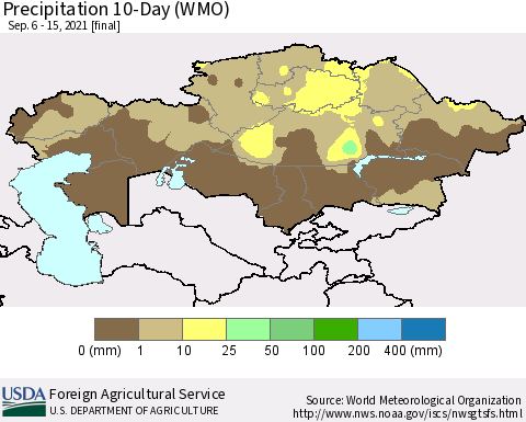 Kazakhstan Precipitation 10-Day (WMO) Thematic Map For 9/6/2021 - 9/15/2021