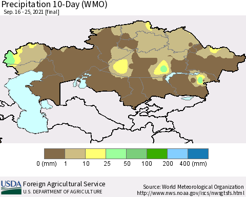 Kazakhstan Precipitation 10-Day (WMO) Thematic Map For 9/16/2021 - 9/25/2021