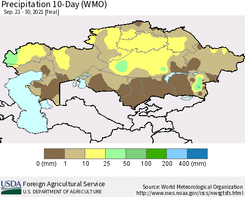 Kazakhstan Precipitation 10-Day (WMO) Thematic Map For 9/21/2021 - 9/30/2021