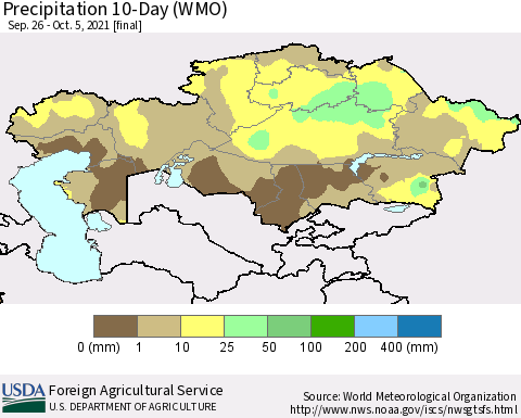 Kazakhstan Precipitation 10-Day (WMO) Thematic Map For 9/26/2021 - 10/5/2021