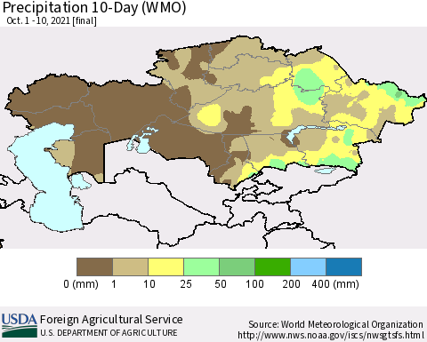 Kazakhstan Precipitation 10-Day (WMO) Thematic Map For 10/1/2021 - 10/10/2021