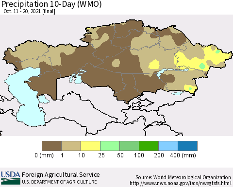 Kazakhstan Precipitation 10-Day (WMO) Thematic Map For 10/11/2021 - 10/20/2021