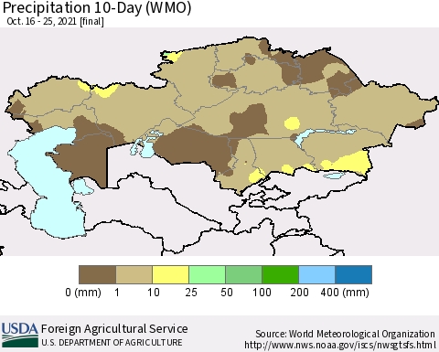 Kazakhstan Precipitation 10-Day (WMO) Thematic Map For 10/16/2021 - 10/25/2021