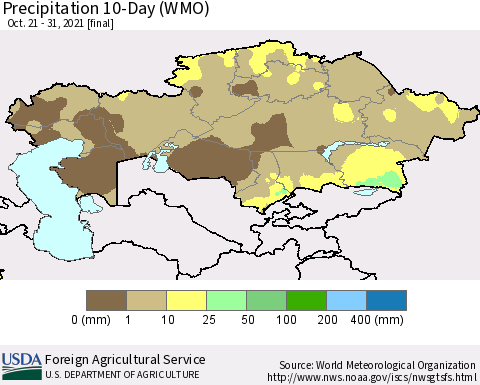 Kazakhstan Precipitation 10-Day (WMO) Thematic Map For 10/21/2021 - 10/31/2021