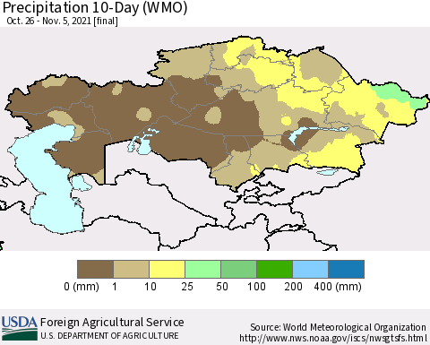 Kazakhstan Precipitation 10-Day (WMO) Thematic Map For 10/26/2021 - 11/5/2021