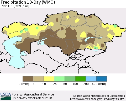 Kazakhstan Precipitation 10-Day (WMO) Thematic Map For 11/1/2021 - 11/10/2021