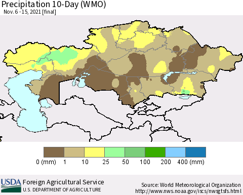 Kazakhstan Precipitation 10-Day (WMO) Thematic Map For 11/6/2021 - 11/15/2021