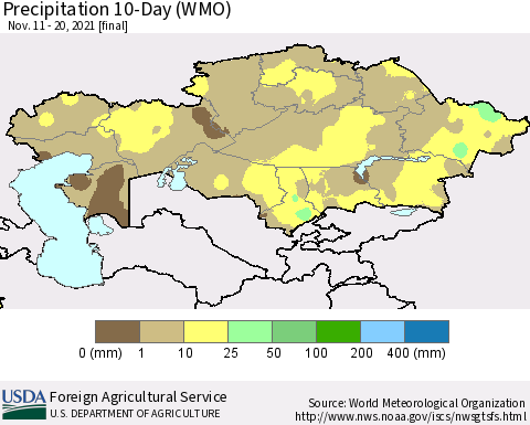 Kazakhstan Precipitation 10-Day (WMO) Thematic Map For 11/11/2021 - 11/20/2021