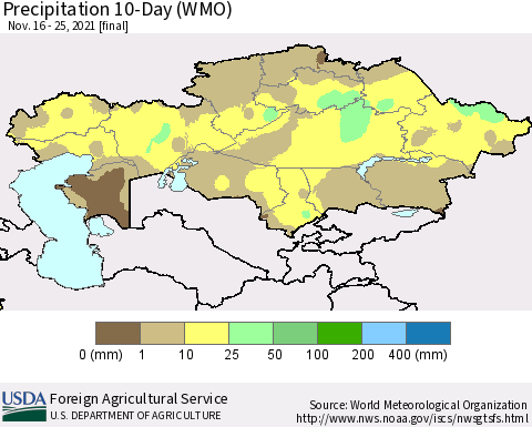 Kazakhstan Precipitation 10-Day (WMO) Thematic Map For 11/16/2021 - 11/25/2021