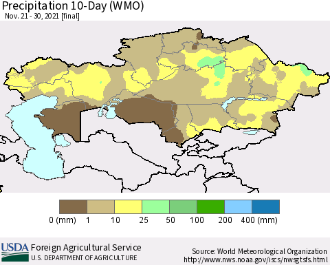 Kazakhstan Precipitation 10-Day (WMO) Thematic Map For 11/21/2021 - 11/30/2021