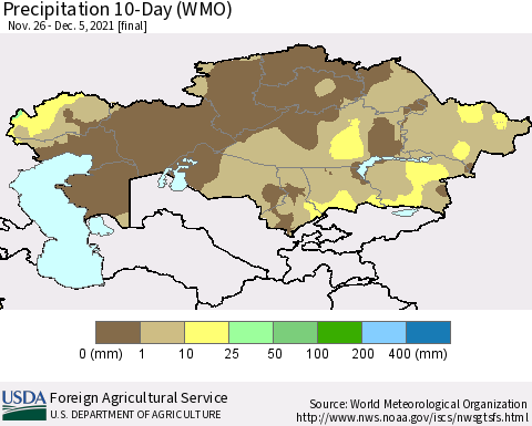 Kazakhstan Precipitation 10-Day (WMO) Thematic Map For 11/26/2021 - 12/5/2021