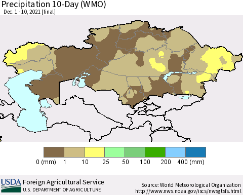 Kazakhstan Precipitation 10-Day (WMO) Thematic Map For 12/1/2021 - 12/10/2021