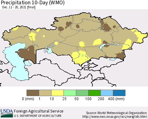 Kazakhstan Precipitation 10-Day (WMO) Thematic Map For 12/11/2021 - 12/20/2021