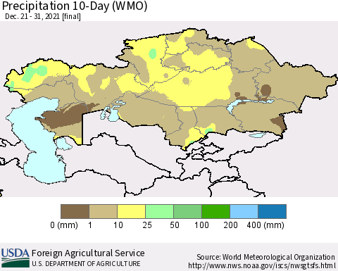 Kazakhstan Precipitation 10-Day (WMO) Thematic Map For 12/21/2021 - 12/31/2021