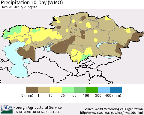 Kazakhstan Precipitation 10-Day (WMO) Thematic Map For 12/26/2021 - 1/5/2022
