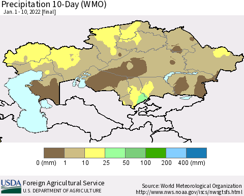 Kazakhstan Precipitation 10-Day (WMO) Thematic Map For 1/1/2022 - 1/10/2022