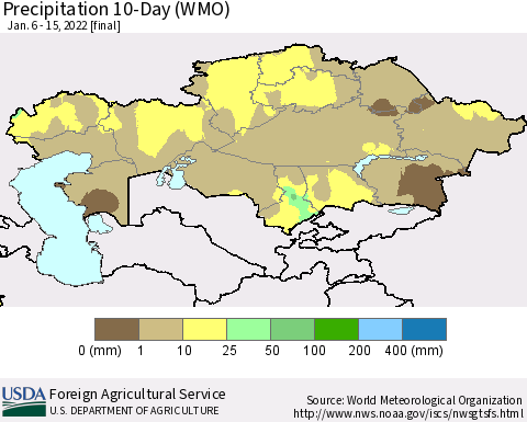 Kazakhstan Precipitation 10-Day (WMO) Thematic Map For 1/6/2022 - 1/15/2022