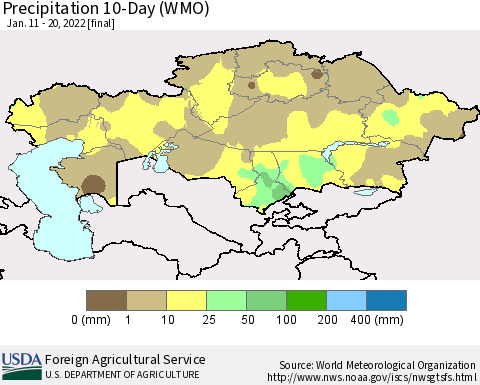 Kazakhstan Precipitation 10-Day (WMO) Thematic Map For 1/11/2022 - 1/20/2022