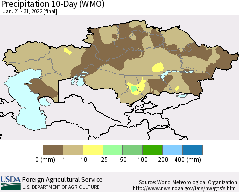 Kazakhstan Precipitation 10-Day (WMO) Thematic Map For 1/21/2022 - 1/31/2022
