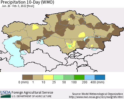 Kazakhstan Precipitation 10-Day (WMO) Thematic Map For 1/26/2022 - 2/5/2022