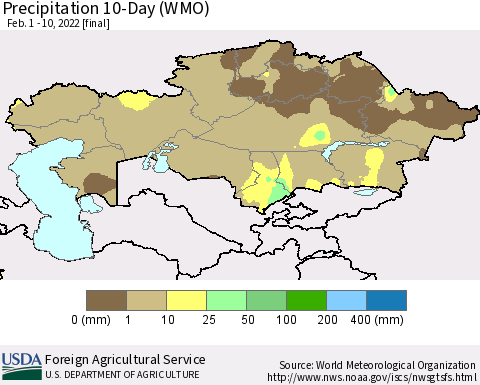 Kazakhstan Precipitation 10-Day (WMO) Thematic Map For 2/1/2022 - 2/10/2022
