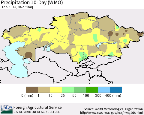 Kazakhstan Precipitation 10-Day (WMO) Thematic Map For 2/6/2022 - 2/15/2022